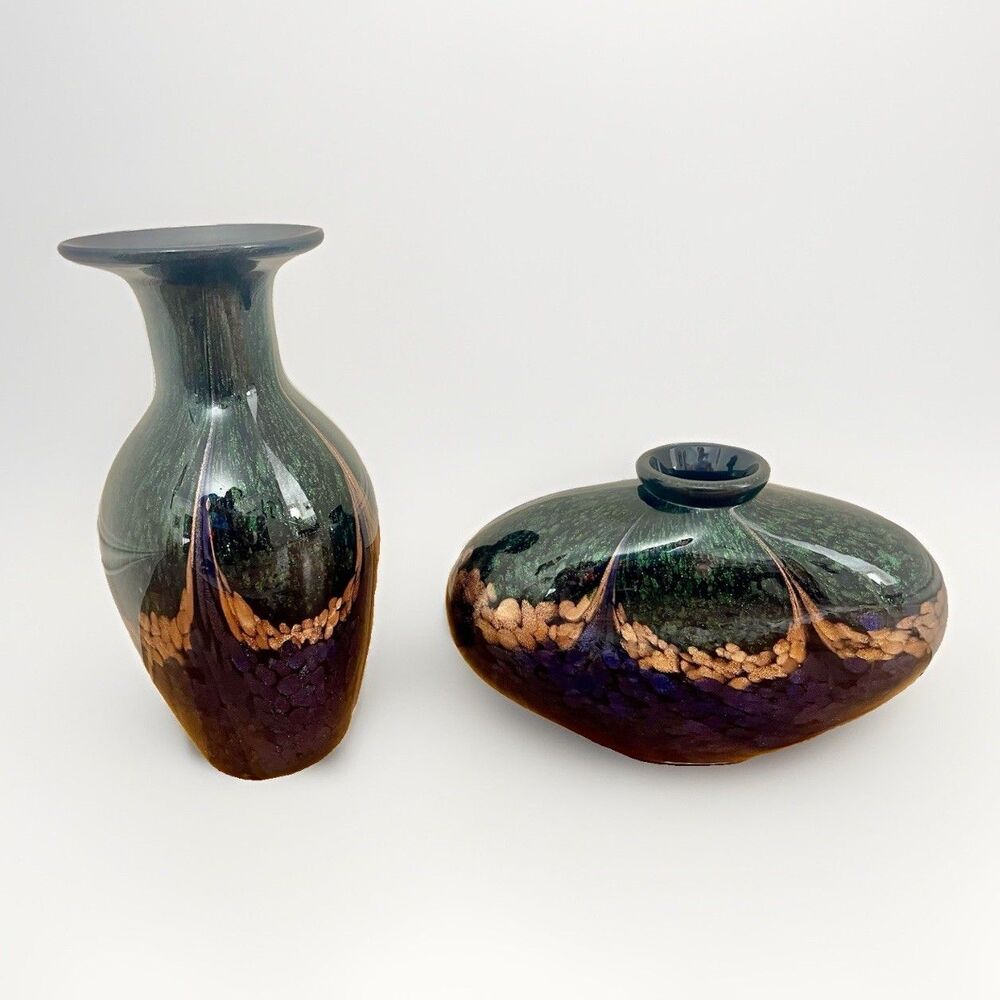 Pair of Dale Tiffany Art Glass Modern Murano Vase 11” Green Blue Gold Glitter